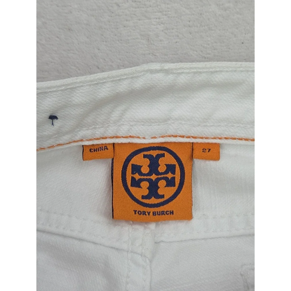 Tory Burch Classic Tory Boot Jeans Size 27 Logo Pocket Gold Button White Denim